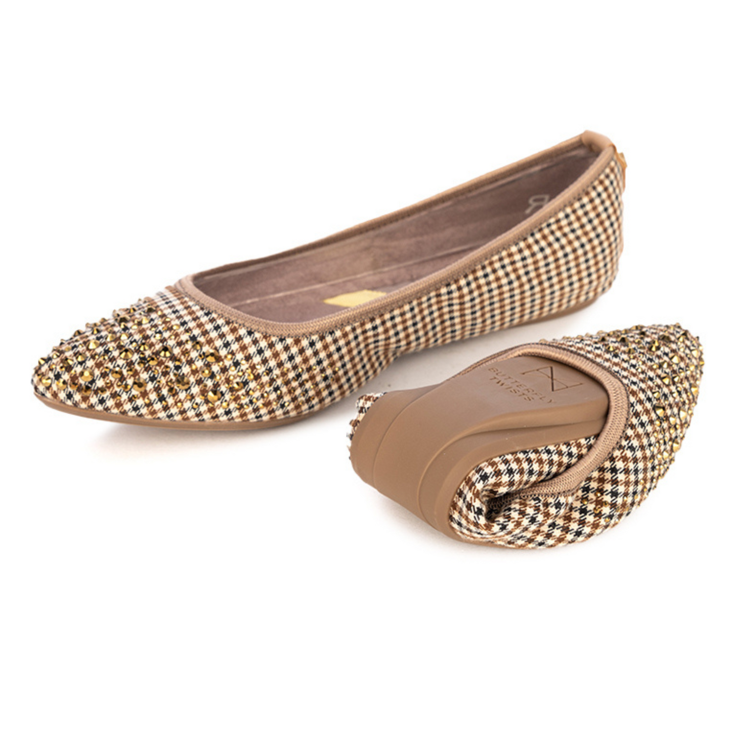JANEY Ballet Flat Shoes - Brown/Tan Check W/ Crystals